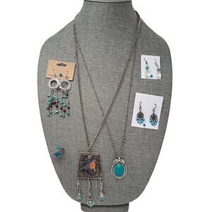 Costume Jewelry Boho Faux Turquoise Silver Tone Necklace Ring Earrings Vtg Mod